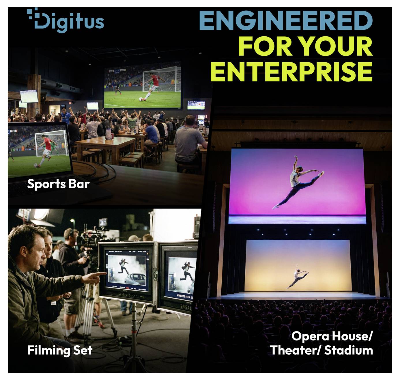 Werbe-Collage von Digitus-Displays in einer Sportbar, einem Filmset und einem Opernhaus/Theater/Stadion, mit der Überschrift „FÜR IHR UNTERNEHMEN ENGINEERED