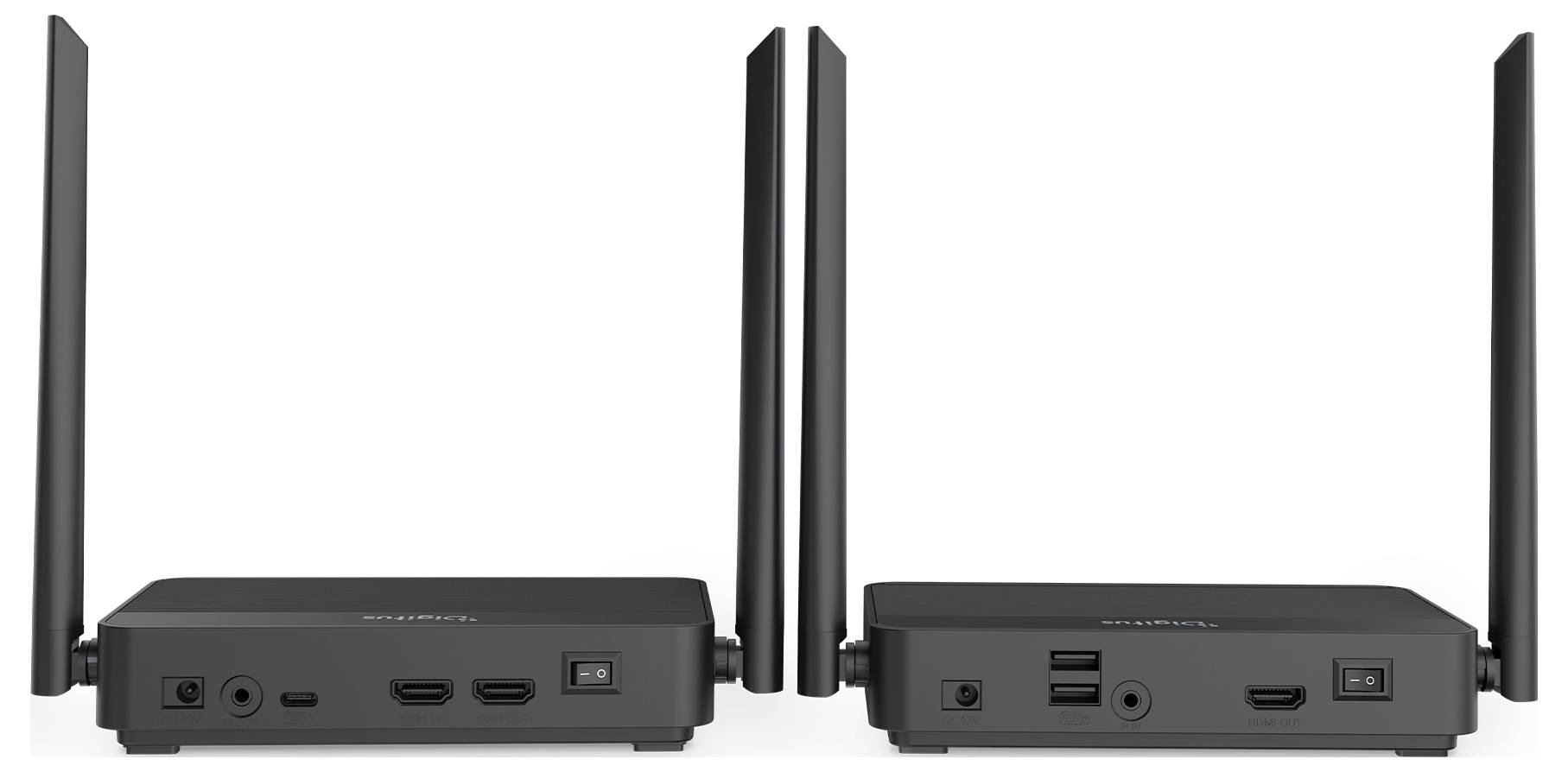 Zwei schwarze Dock- oder Mini-PC-Geräte von vorne gezeigt, jeweils mit vertikalen Antennen und sichtbaren Anschlüssen auf weißem Hintergrund.