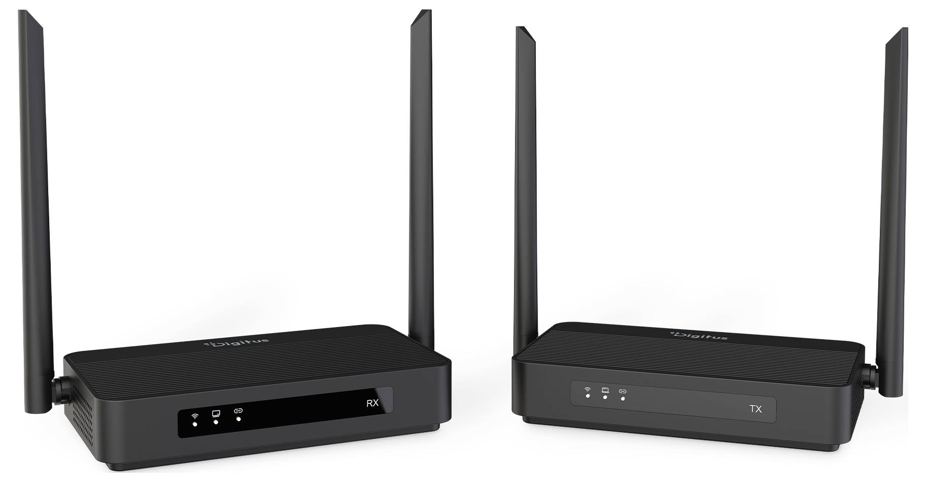 Zwei schwarze kabellose Router mit je vier aufrechten Antennen, nebeneinander auf weißem Hintergrund dargestellt, einer beschriftet mit RX und der andere mit TX.