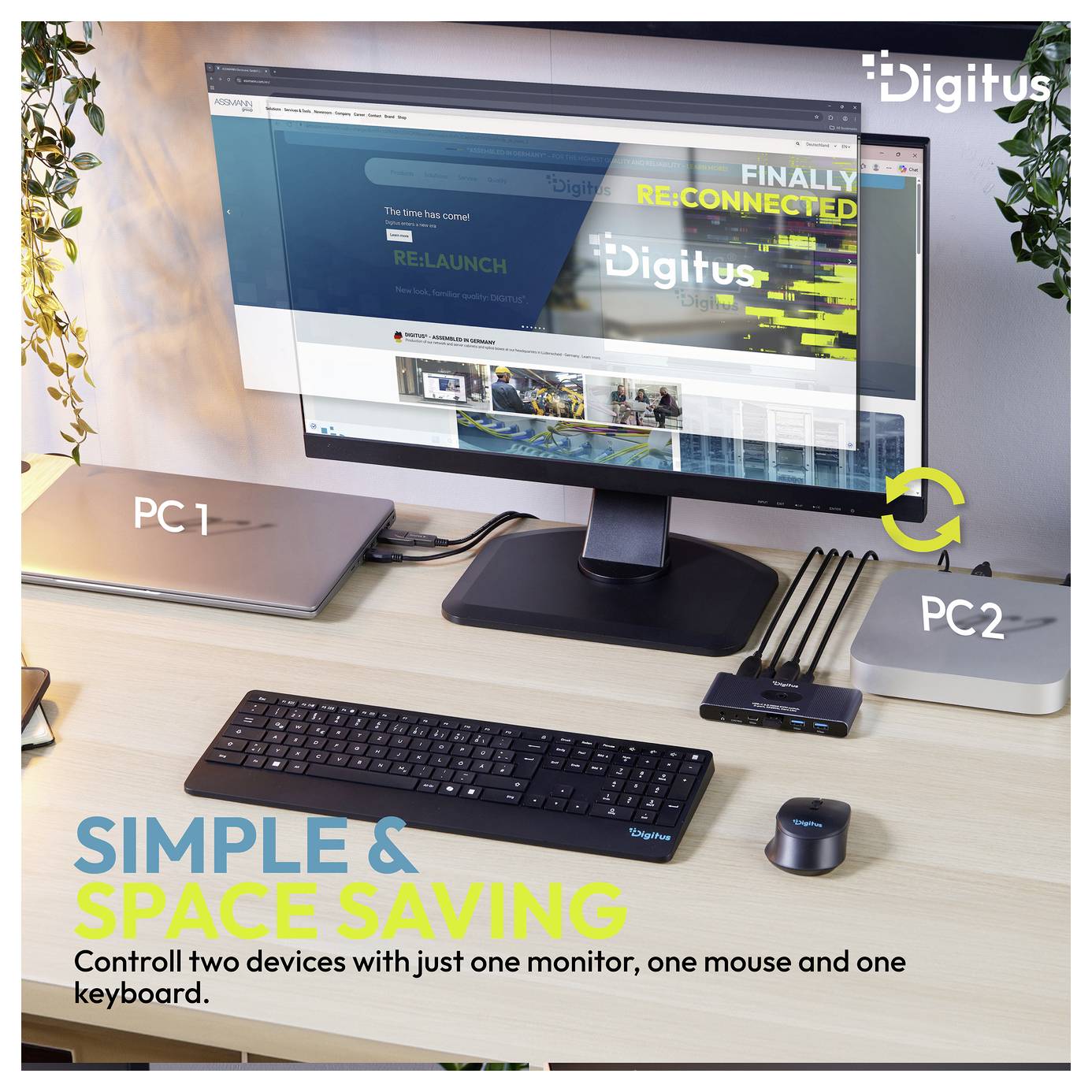 Schreibtischaufbau mit einem Monitor, einer Tastatur und einer Maus, die zwei mit „PC 1