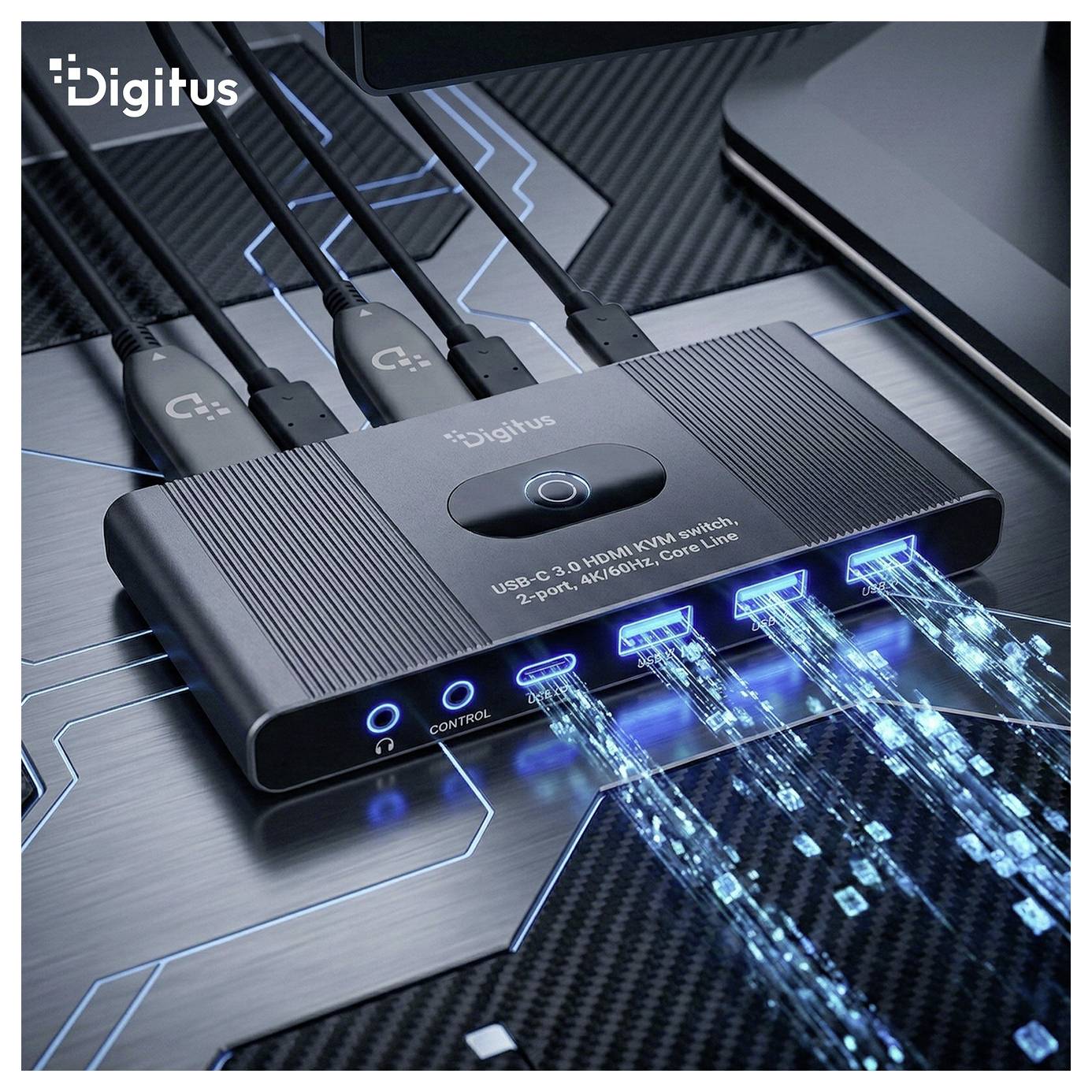 Digitus USB-C-Hub mit vier angeschlossenen Kabeln und leuchtenden Datenfluss, beschriftet mit „USB-C 3.0 HDMI KVM Switch, 2-Port, 4K/60Hz, Core Line