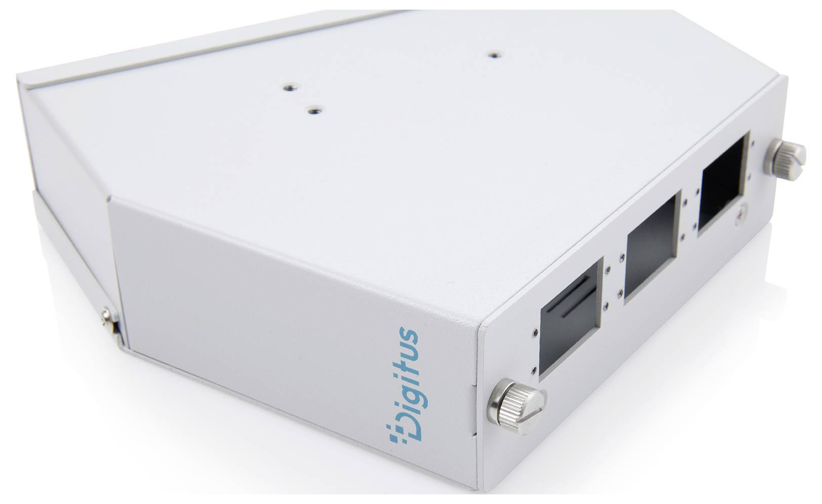 Weiße Digitius-Elektronikgehäuse mit drei Ausschnitten auf der Frontplatte und zwei silbernen Drehknöpfen auf einfachem Hintergrund.