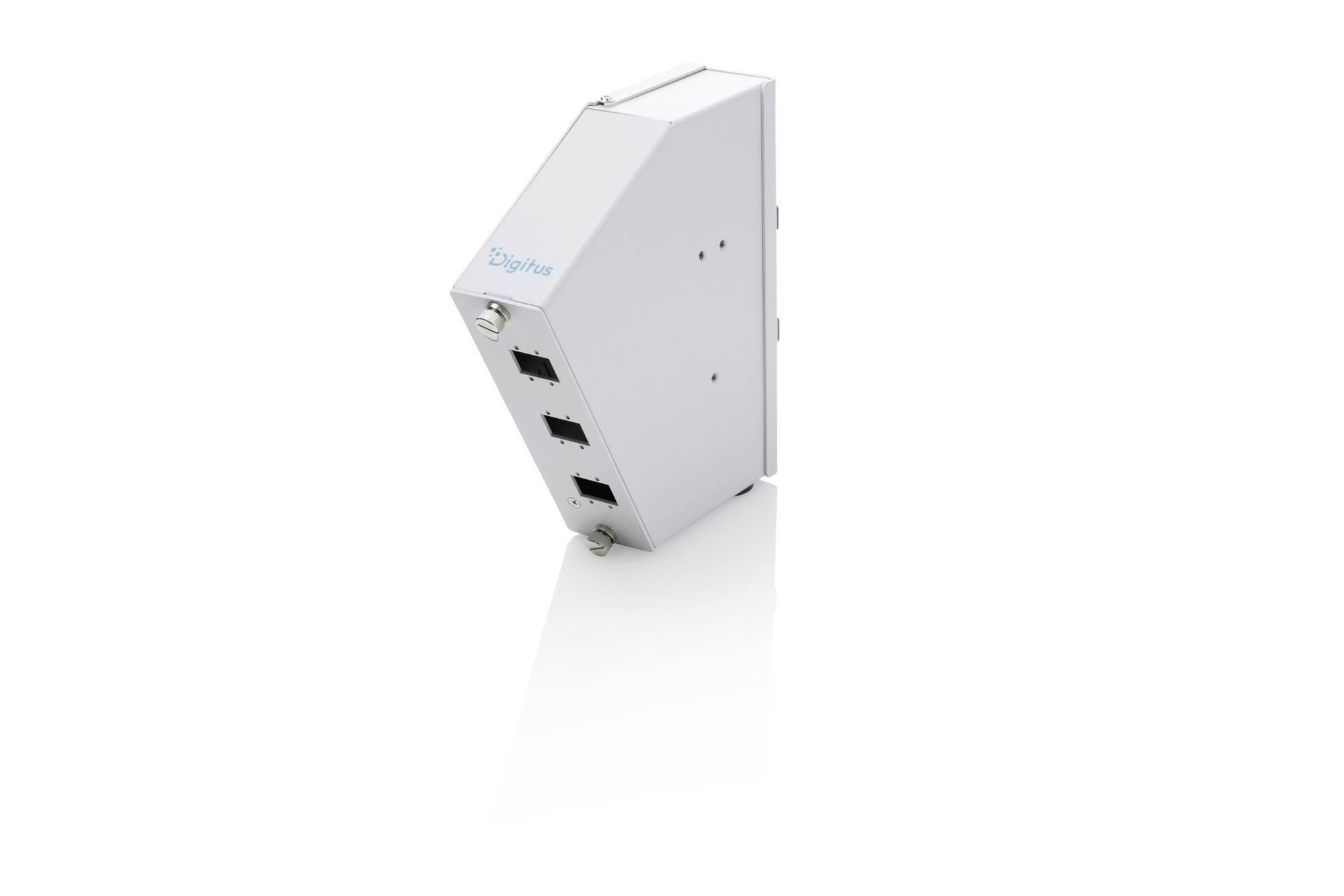 Weißes Industrie-Netzwerkgerät mit drei Ethernet-Anschlüssen und Befestigungsschrauben, dargestellt auf einem einfachen Hintergrund.