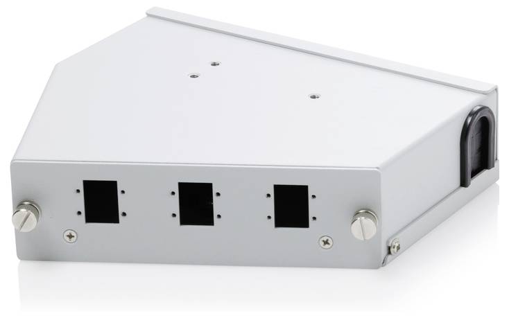 Silbermetall-Elektronikgehäuse mit drei quadratischen vorderen Öffnungen, Seitengriffen und einem schwarzen Anschluss auf der rechten Seite, shown on a white background.