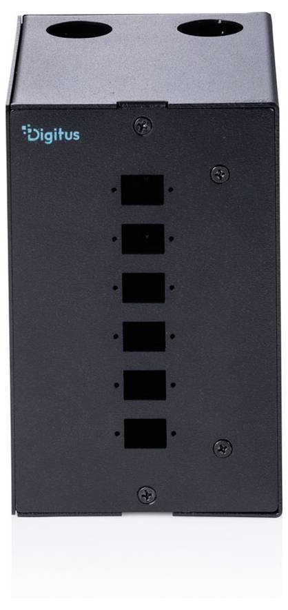 Schwarze Digitus Kabelmanagement-Box mit zwei runden Öffnungen oben und sechs vorderen Kabelführungsschlitzen.