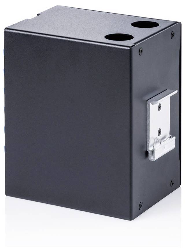 Schwarzes Metall-Elektroverteilergehäuse mit zwei kreisförmigen Öffnungen oben und einer seitlichen Befestigungshalterung.