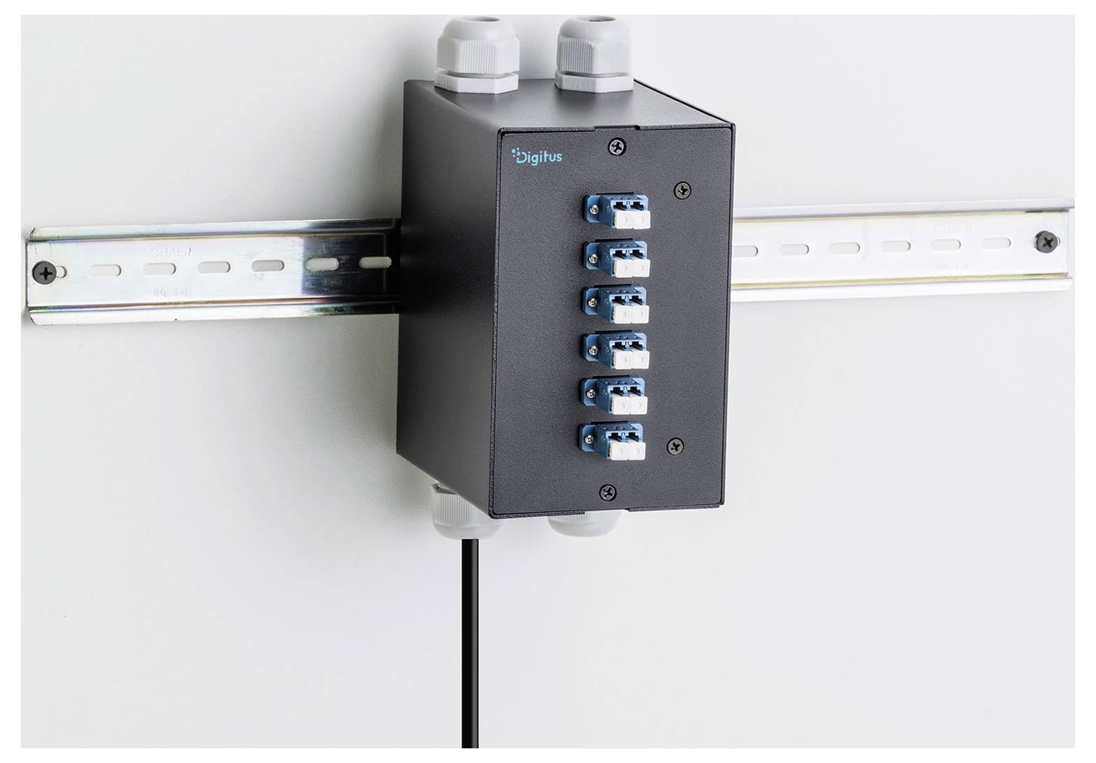 Schwarzes Digibus-Modul auf einer DIN-Schiene montiert, mit sechs blauen Lichtwellenleitersteckern auf der Vorderseite und einem Kabel, das unten austritt.