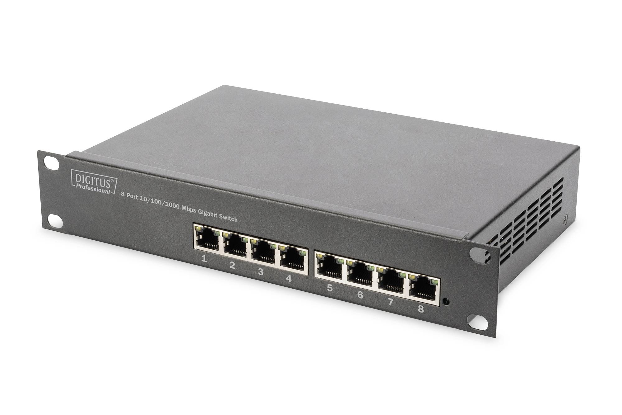 Schwarzer 8-Port-Ethernet-Netzwerkschalter mit Frontanschlüssen und Rackmontage-Ohren auf weißem Hintergrund