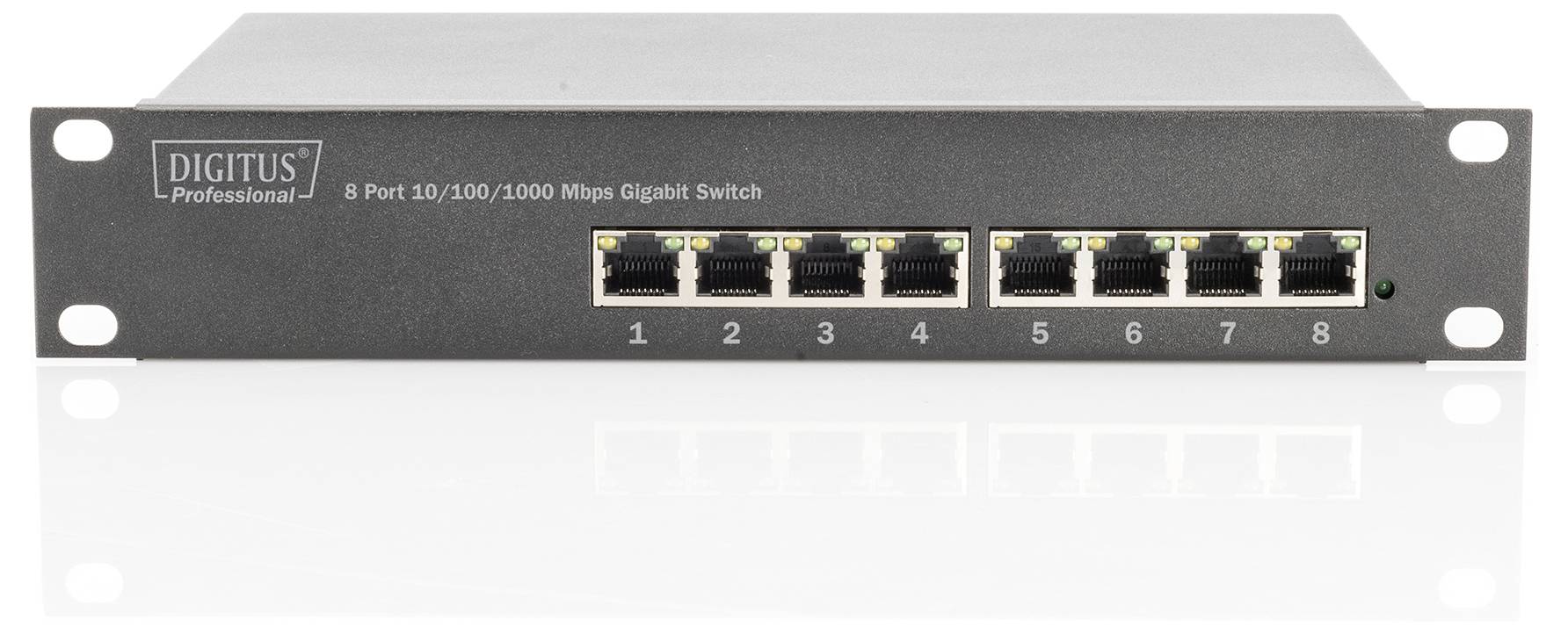 Vorderansicht eines Digitus Professional 8-Port 10/100/1000 Mbps Gigabit Ethernet-Schalters mit nummerierten Anschlüssen 1-8 und Rack-Montageohrern.
