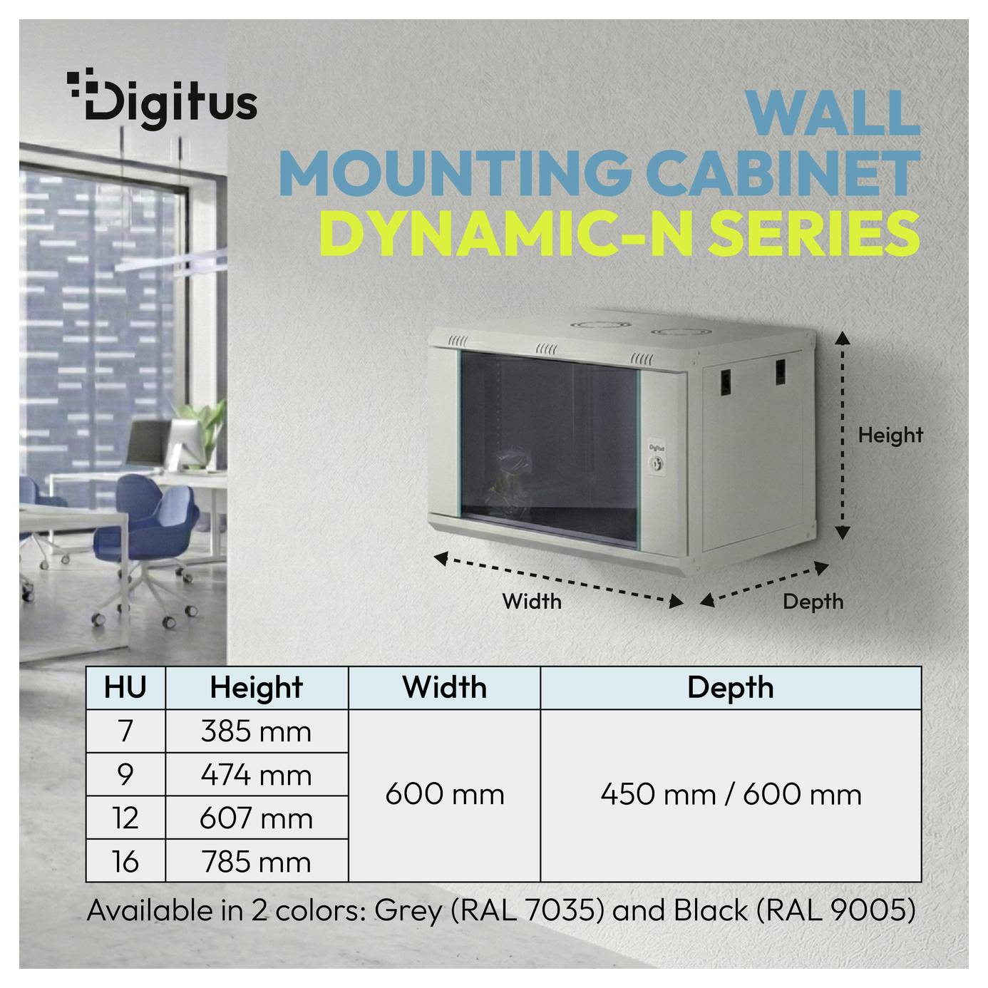 Digitus 'Wandmontage-Schrank Dynamic-N Serie' Anzeige mit einem Wandschrank und Abmessungen; Tabelle listet HU 7, 9, 12, 16 Höhen und 600 mm Breite, 450/600 mm Tiefe auf.