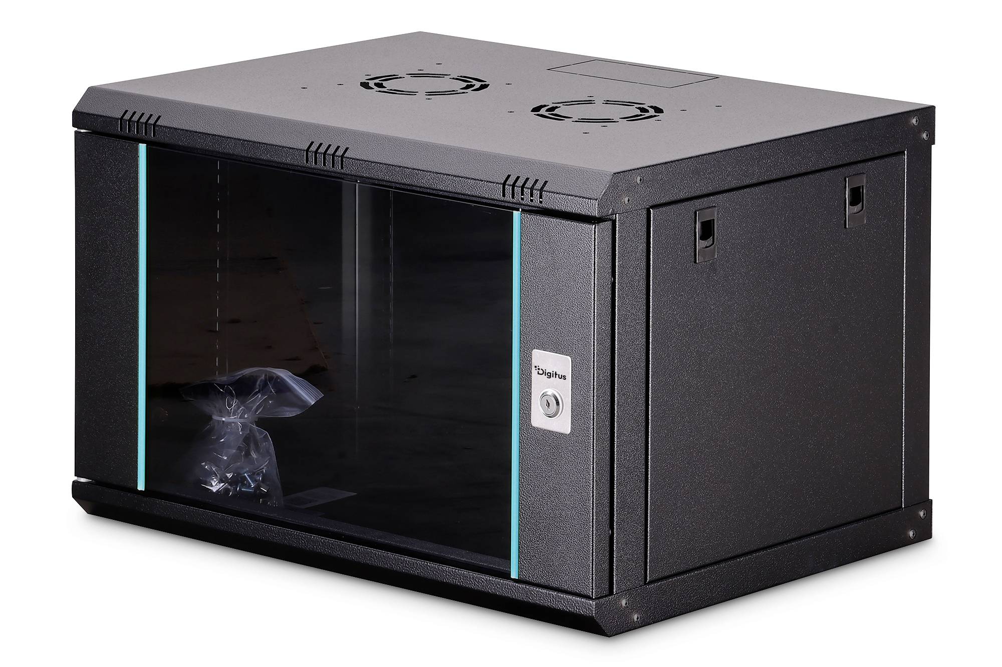Schwarzes Metallgehäuse-Schrank mit Glastür an der Vorderseite, Seitenzugriffspanel und Kühlungsöffnungen oben.