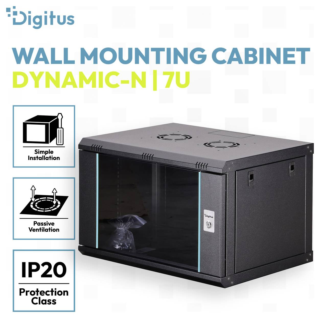 Digitus Wandmontage-Schrank Dynamic-N 7U mit Glastür, zeigt einfache Installation, passive Belüftung und Schutzart IP20.