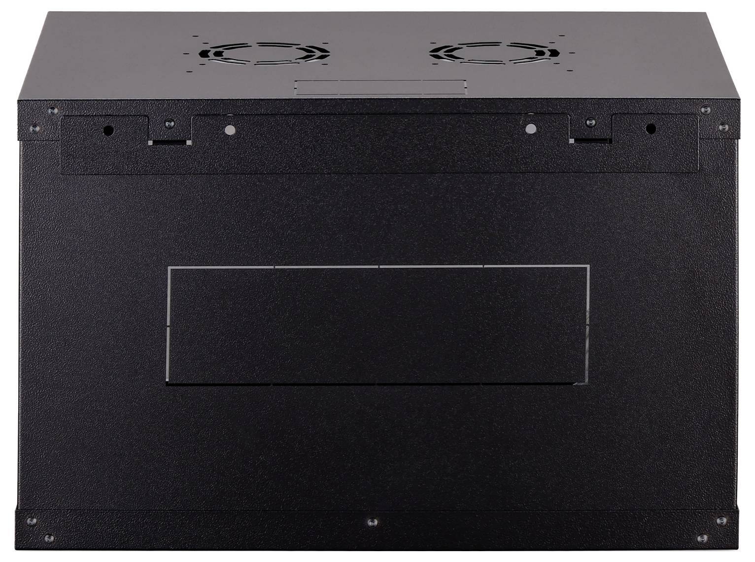 Rückansicht eines schwarzen Metallausrüstungsschranks oder Server-Chassis mit Belüftungslüftern oben und einer großen rechteckigen Zugriffsplatte in der Mitte.