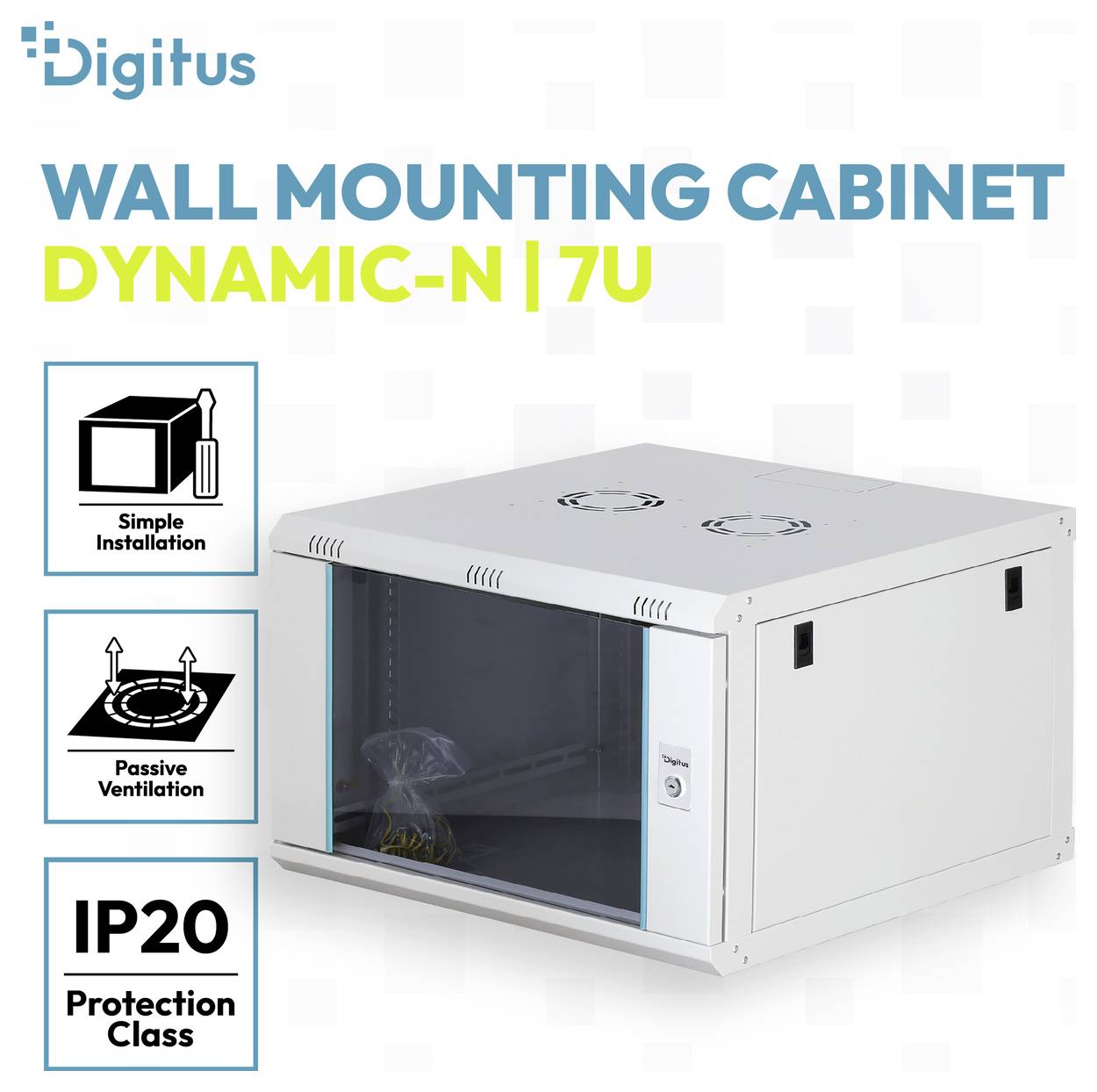 Produktbild eines Digitus 'Wandmontage-Schranks Dynamic-N | 7U' mit vorderer Glastür, das einfache Installation, passive Belüftung und Schutzart IP20 zeigt.