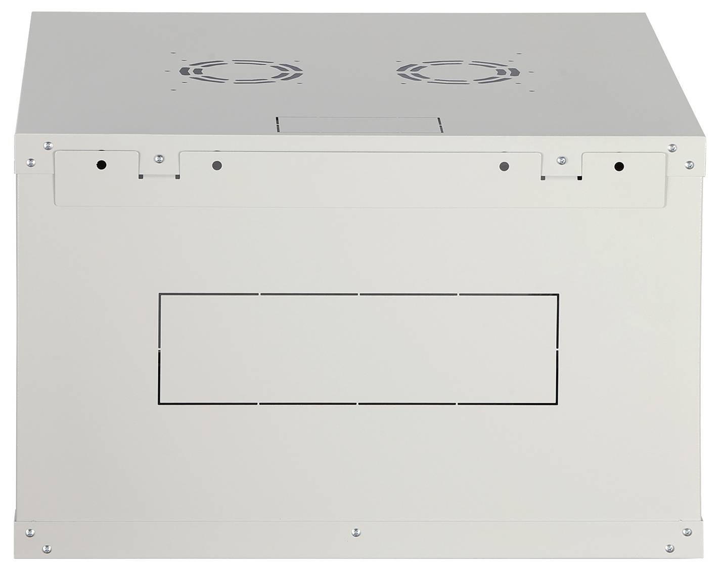 Frontansicht eines schlichten Metallgerätegehäuses oder Computergehäuses mit Belüftungsschlitzen oben und einem leeren rechteckigen Etikettenbereich an der Vorderseite.