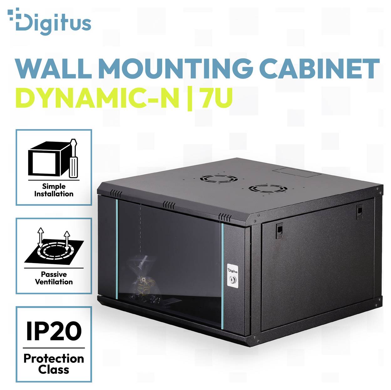 Digitus Wandmontage-Schrank Dynamic-N 7U, schwarz, mit einfacher Installation, passiver Belüftung und IP20-Schutzklasse.