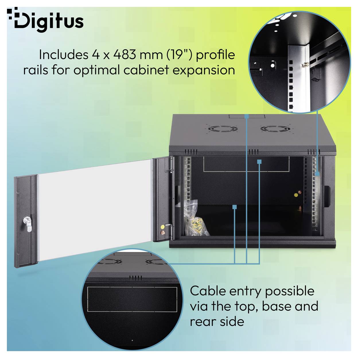 Digitus-Schrank mit offener Tür, zeigt 4 x 483 mm (19
