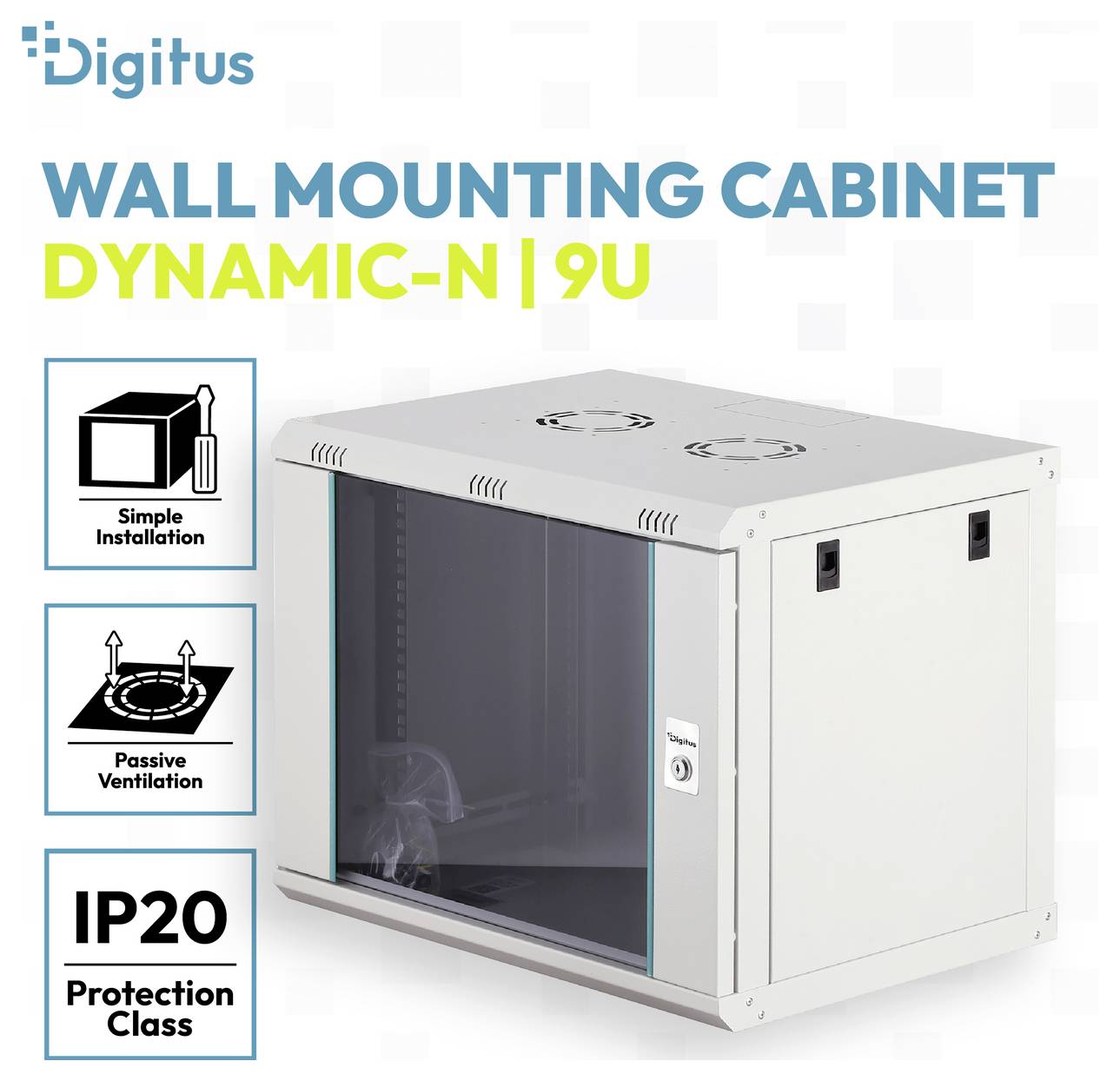 Digitus Wandmontage-Schrank Dynamic-N 9U, weiß, mit Symbolen für „Einfache Installation
