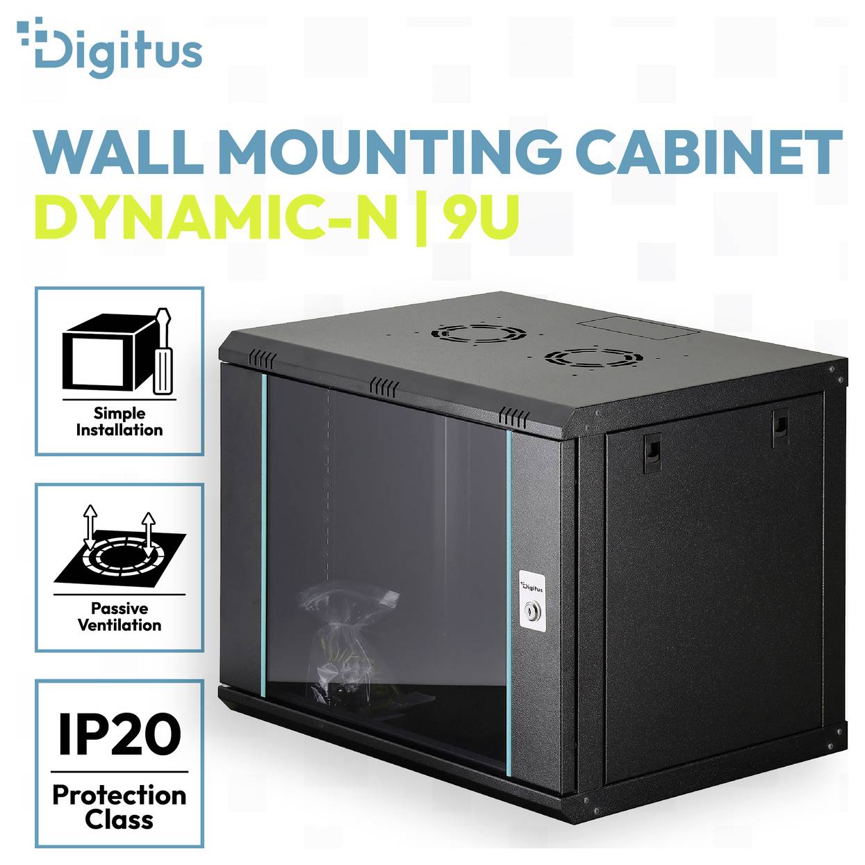 Produktabbildung eines Digitus 'Wandmontageschranks Dynamic-N | 9U' mit Glastür, zeigt einfache Montage, passive Belüftung und IP20-Schutzart.