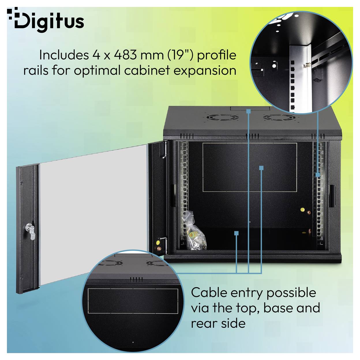 Digitus Wandschrank mit offener Tür und Detailaufnahmen, zeigt 4 x 483 mm (19'') Profilschienen und Kabeleinführung über oben, Basis und Rückseite.