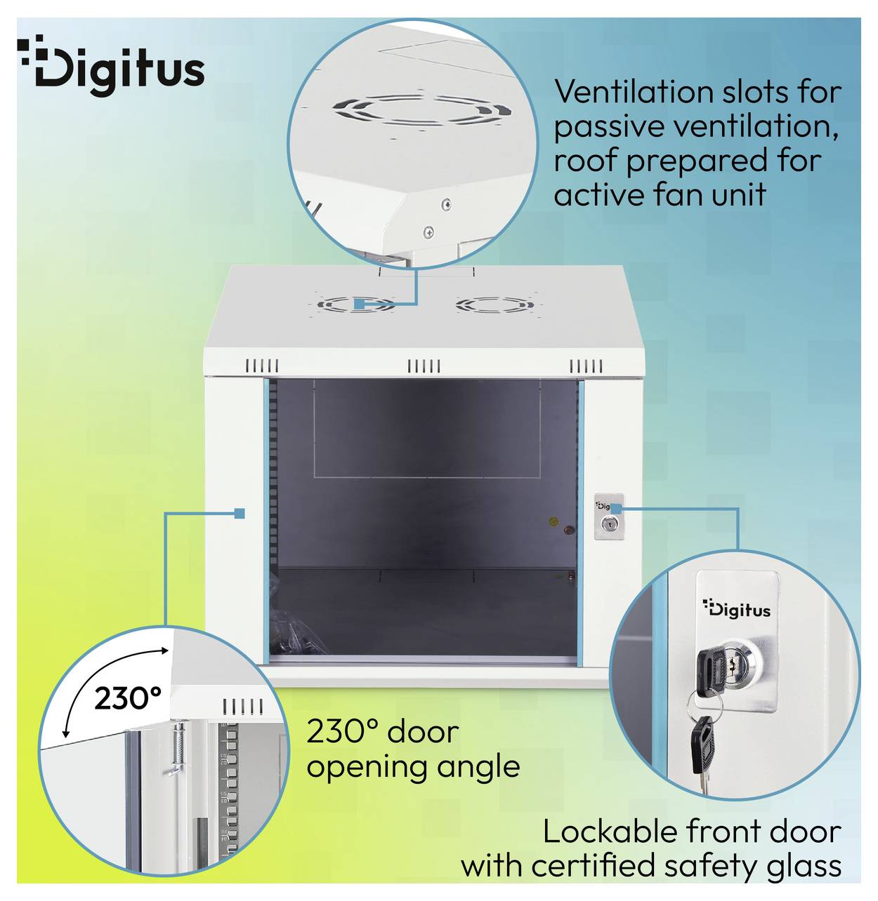 Digitus-Serverschrank mit 230°-Türöffnung, Belüftungsschlitze für passive oder Lüfterkühlung und abschließbare Vordertür mit Sicherheitsglas.