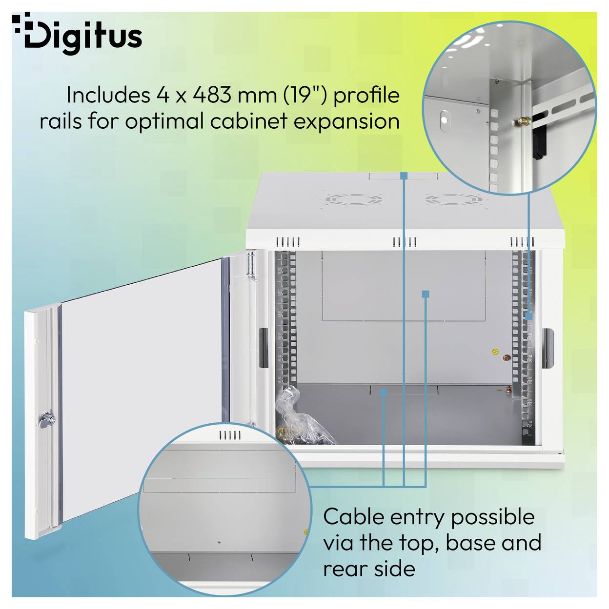 Digitus-Schrank mit offener Tür, zeigt 4 x 483 mm (19) Profilschienen und Kabeleinführung über oben, Basis und Rückseite.