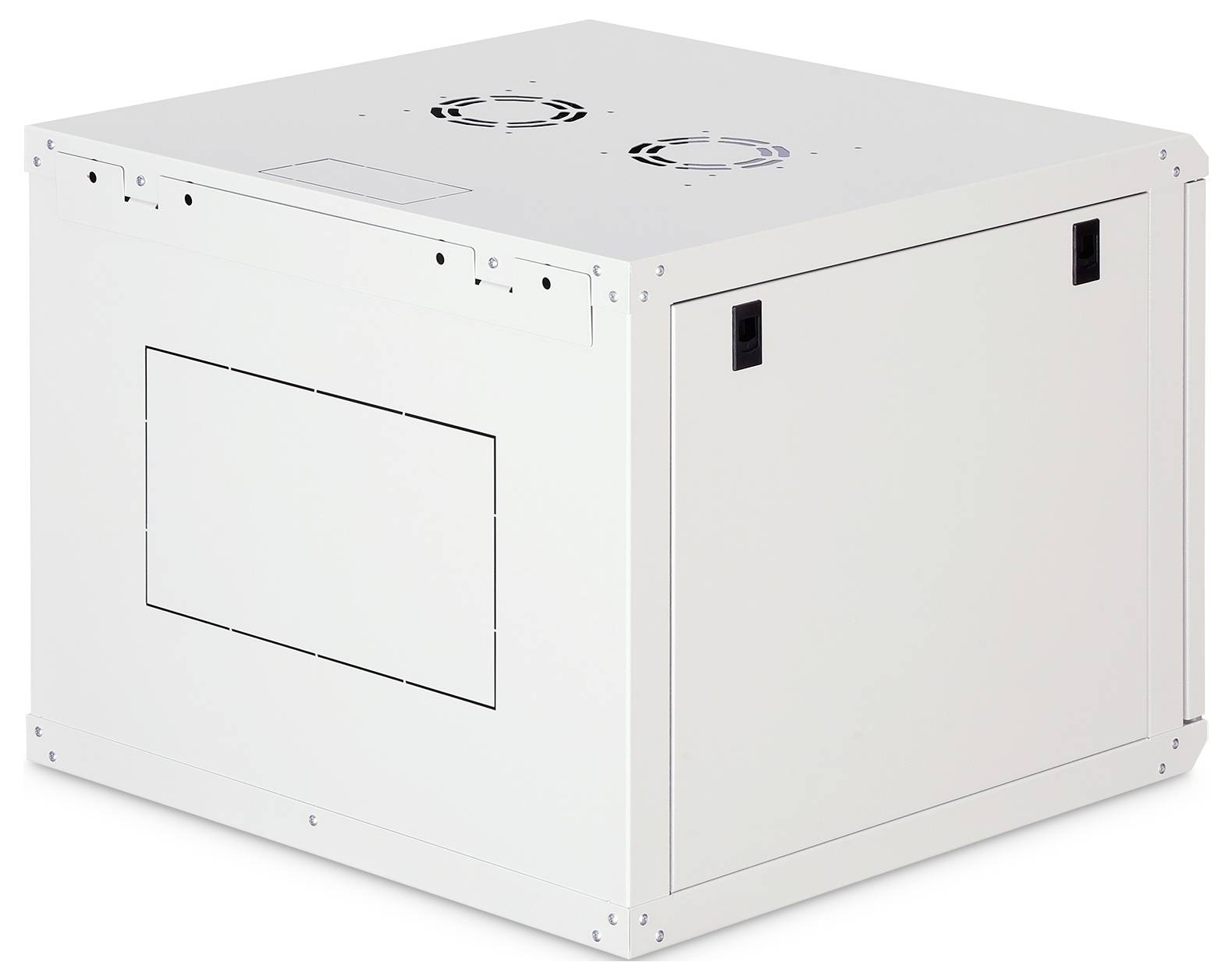 Weiße Metallserver- oder Ausrüstungsgehäusebox mit großem Seitenzugriffsfeld und Belüftungsventilatoren oben.