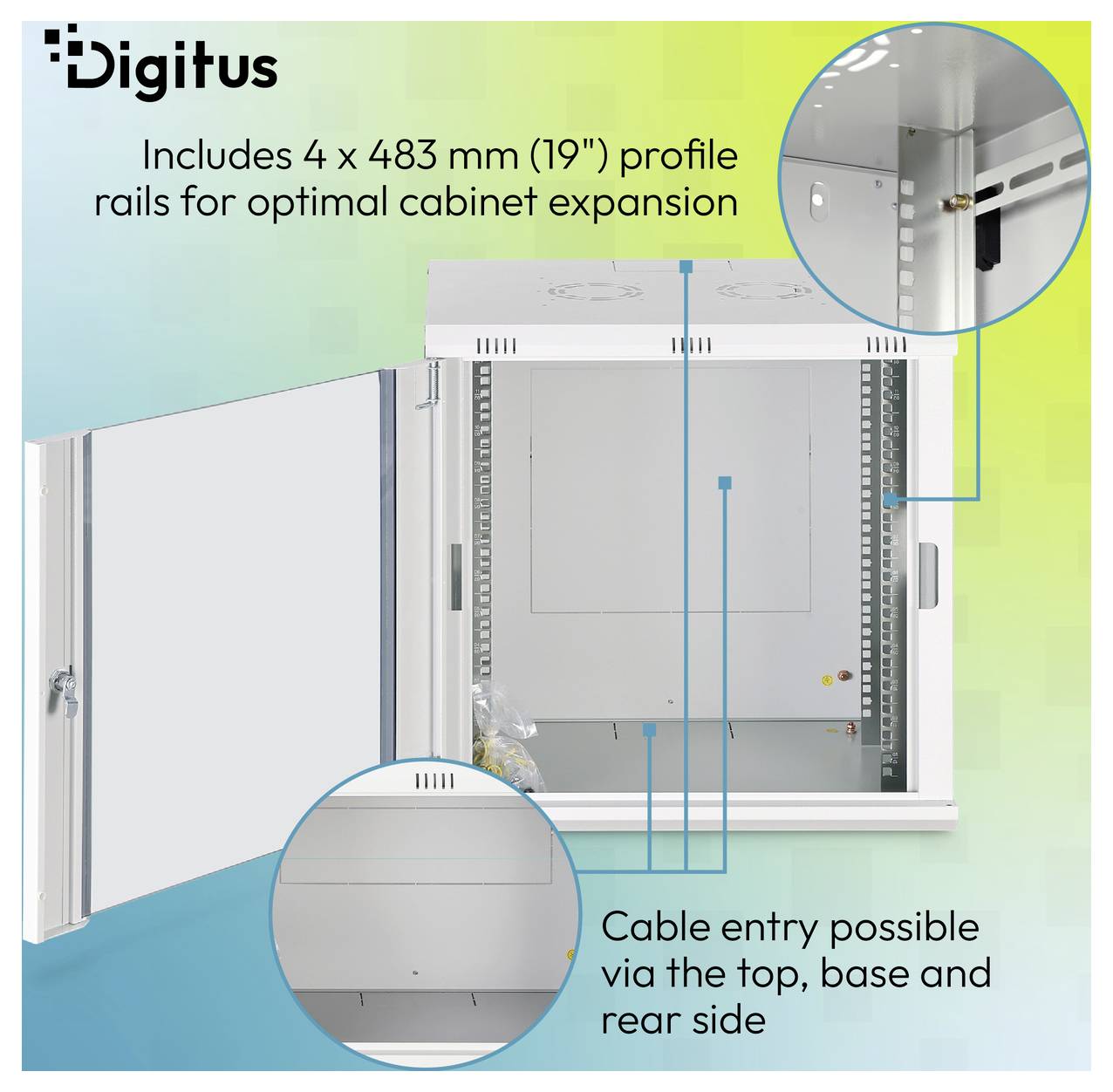 Digitus-Schrank mit 4 x 483 mm (19-Zoll) Profilschienen; Kabeleinführung über oben, Basis und Rückseite, dargestellt mit vergrößerten Detailausschnitten.