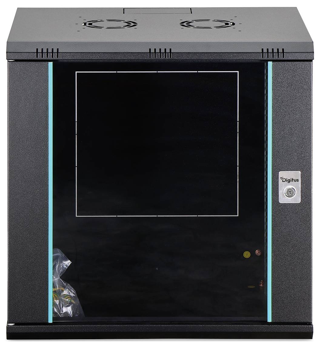 Schwarzer Computer-/Serverschrank mit Glastür vorne, türkisfarbenen Seitenleuchten und einem Schloss auf der rechten Seite.
