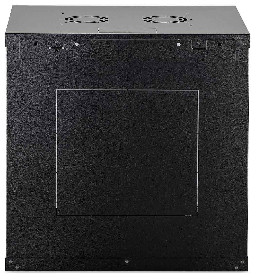 Schwarzer Metall-Serverrack-Schrank mit Frontierfeld und Belüftungslöchern oben, gezeigt vor weißem Hintergrund.