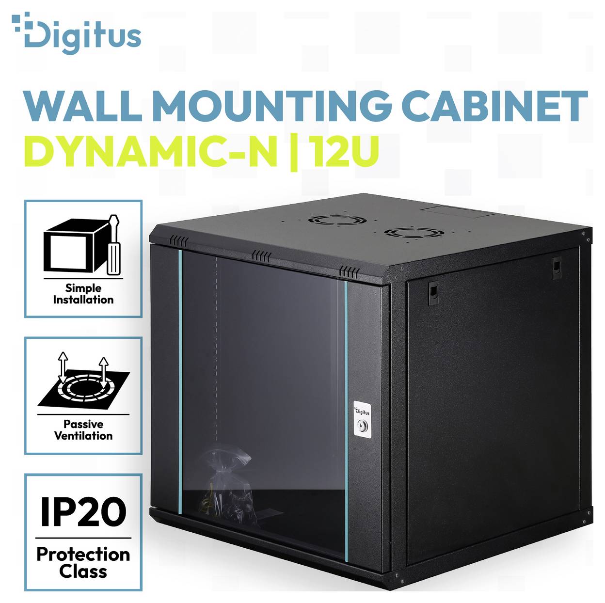 Produktbild eines schwarzen Digitus Wandmontage-Schranks „Dynamic-N | 12U