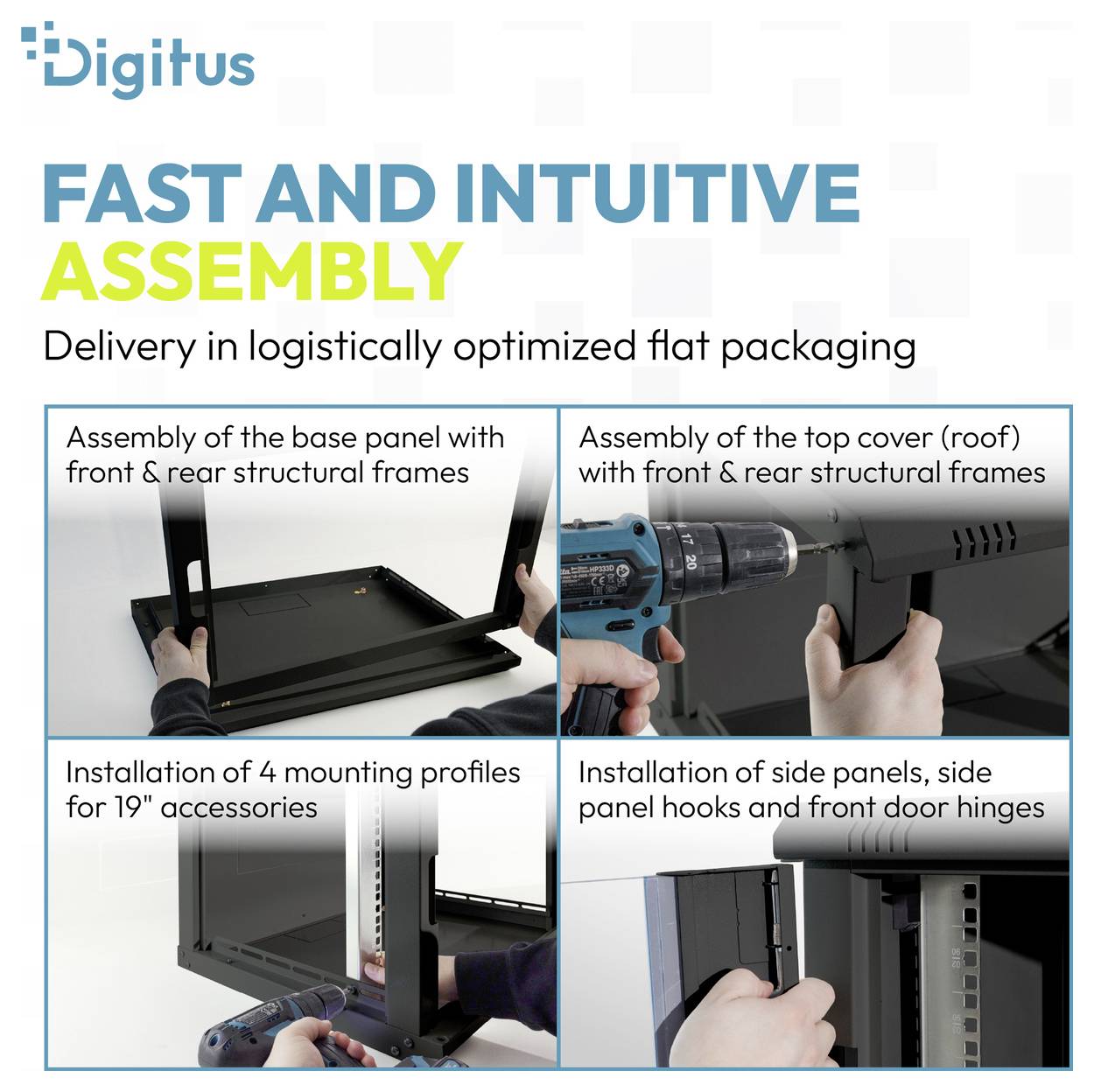 Digitus Montagehandbuch mit vier Schritten: Basisplatte mit Rahmen, Installation der Abdeckung oben, Montageschienen für 19-Zoll-Zubehör und Seitenpaneele mit Türscharnieren.