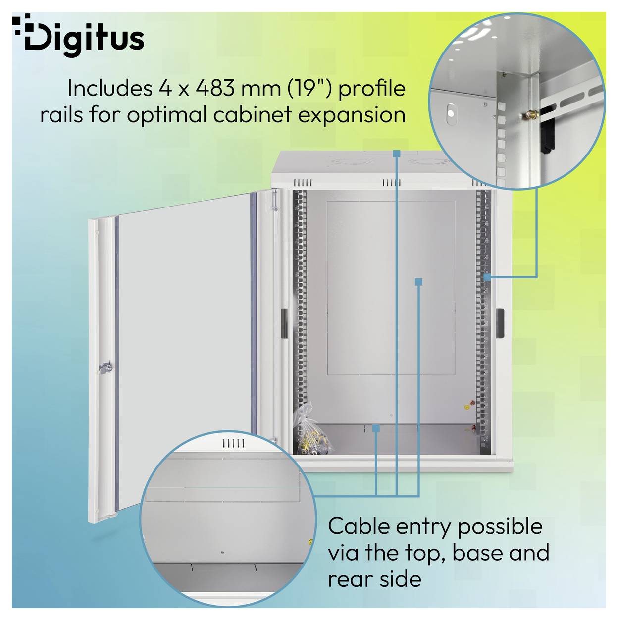Digitus-Schrank mit geöffneter Tür, zeigt 4 x 483 mm (19