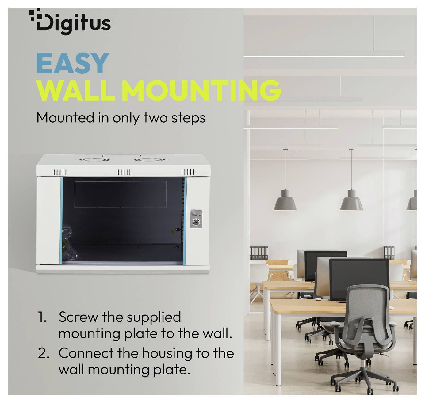 # Werbung für Digitus 'EINFACHE WANDMONTAGE'Zeigt einen an der Wand montierten Schrank und eine Büroumgebung mit Anweisungen:1) Montageplatten mit den beiliegenden Schrauben an der Wand befestigen2) Gehäuse mit der Platte verbinden