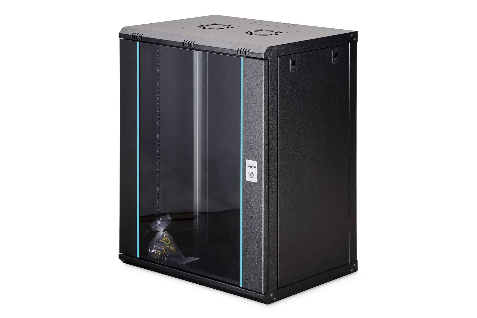 Werbegrafik für Digitus Wandmontageschrank Dynamic-N Serie, zeigt einen Wandschrank mit Höhen-, Breiten- und Tiefenangaben und eine Größentabelle für HU 7, 9, 12 und 16 Modelle.