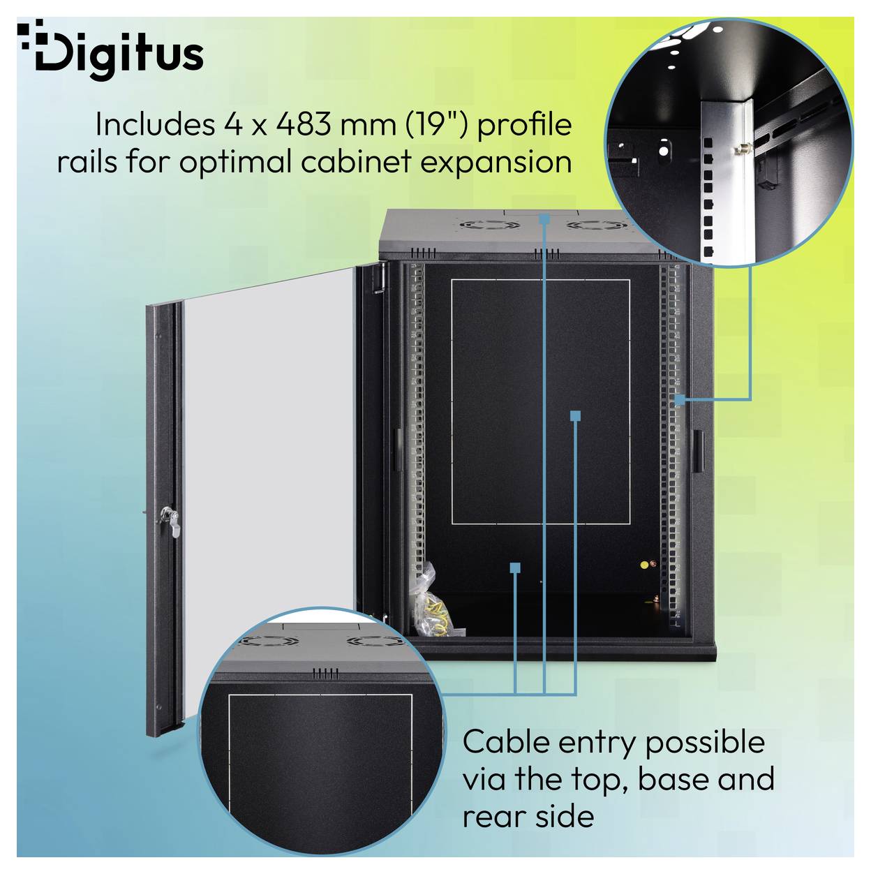 Digitus-Schrank mit offener Tür, zeigt 4 x 483 mm (19