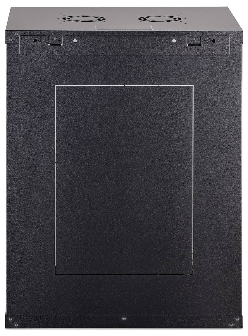 Schwarzes Metallgehäuse mit großem vorderer Zugriffsplatte und Belüftungslöchern oben.