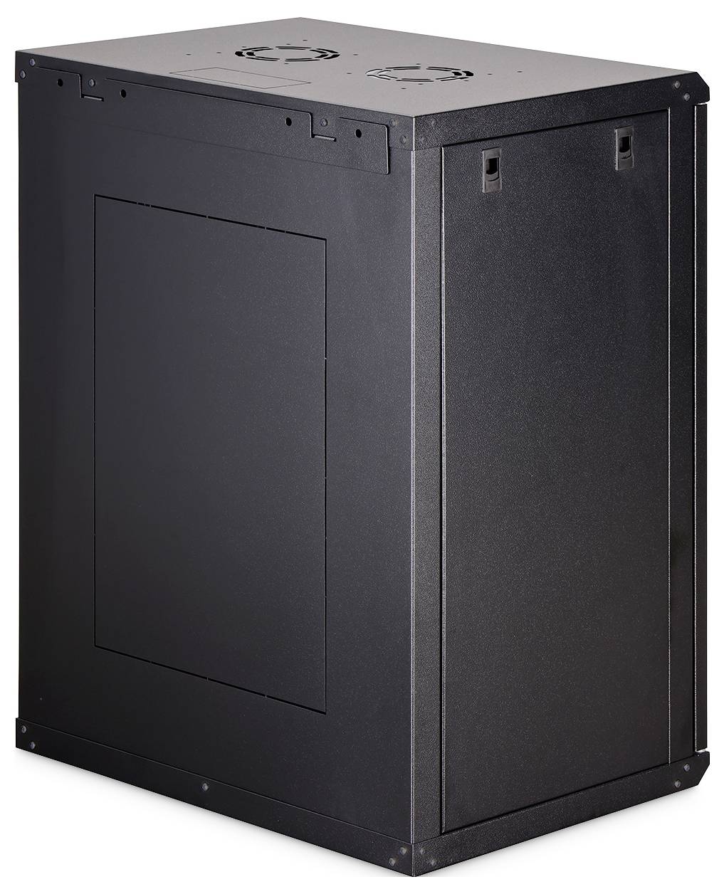 Schwarzes Metall-Serverschrank mit massiver Vordertür und Belüftung oben, auf weißem Hintergrund dargestellt.
