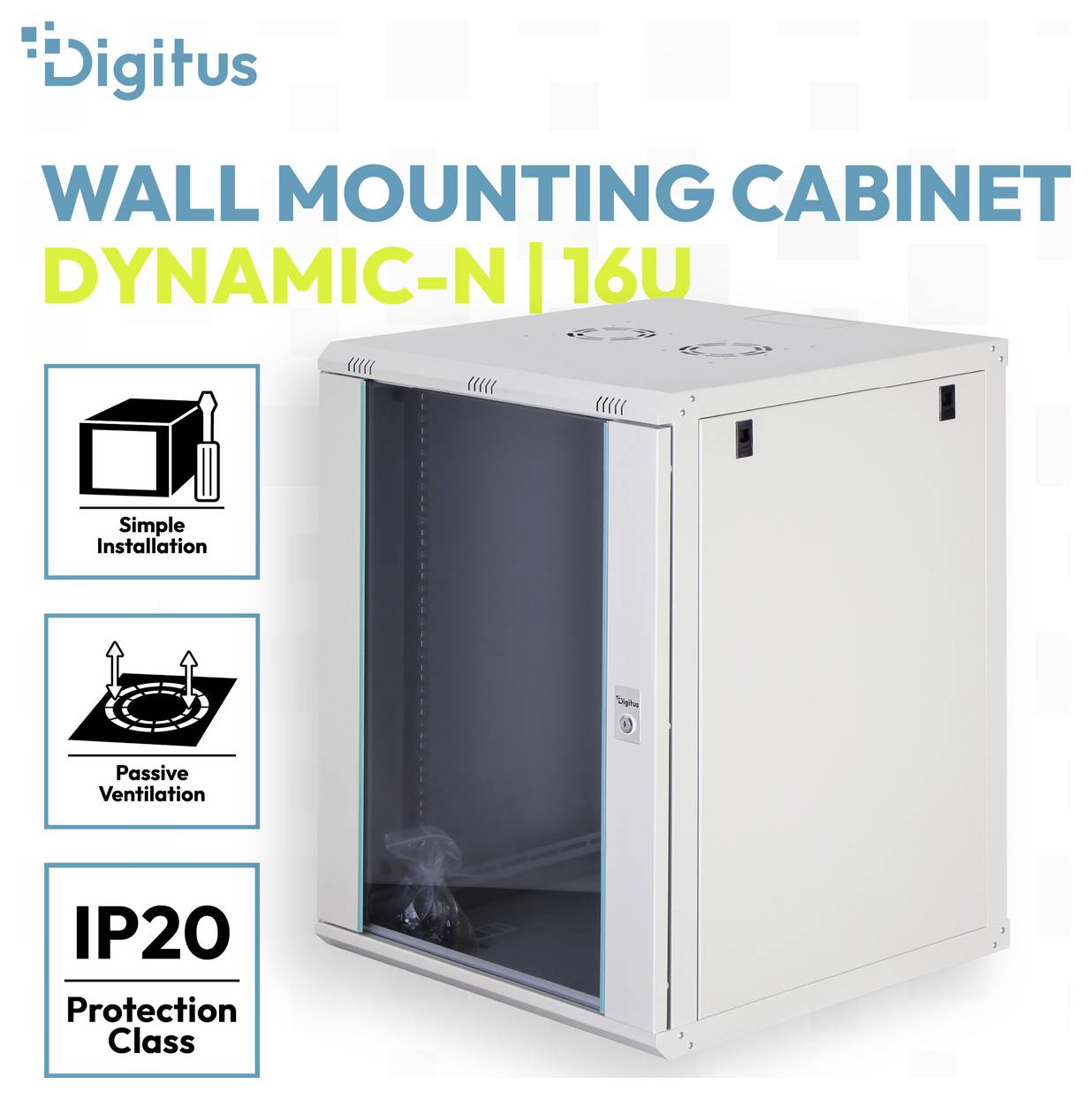 Produktbild eines Digitus Wandmontageschranks, Modell Dynamic-N 16U, abgebildet mit Glastür an der Vorderseite und Funktionssymbolen für einfache Installation, passive Belüftung und Schutzart IP20.