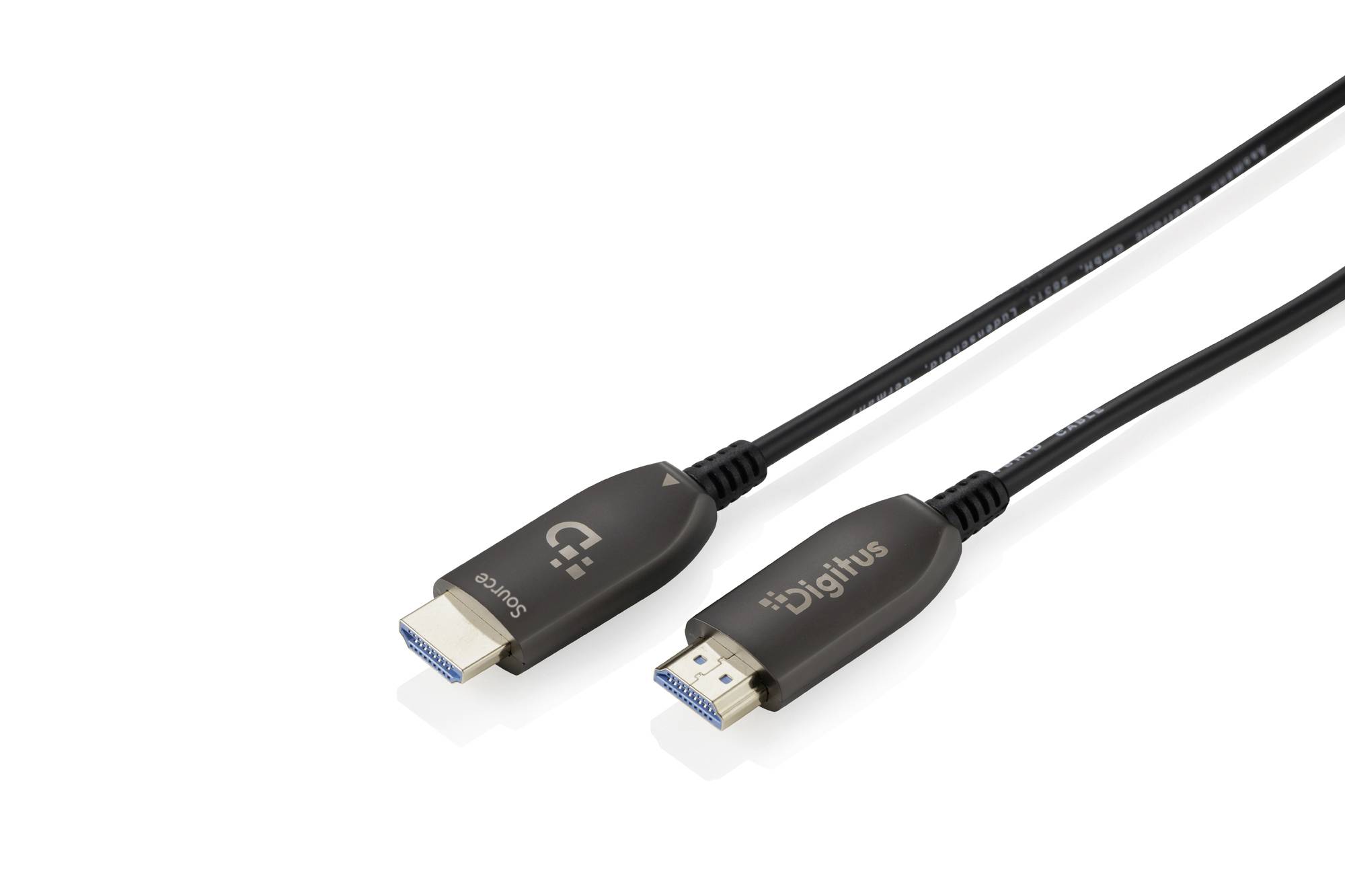 Zwei schwarze Displaykabel mit HDMI-ähnlichen Steckverbindern auf weißem Hintergrund, Marke Digitus.