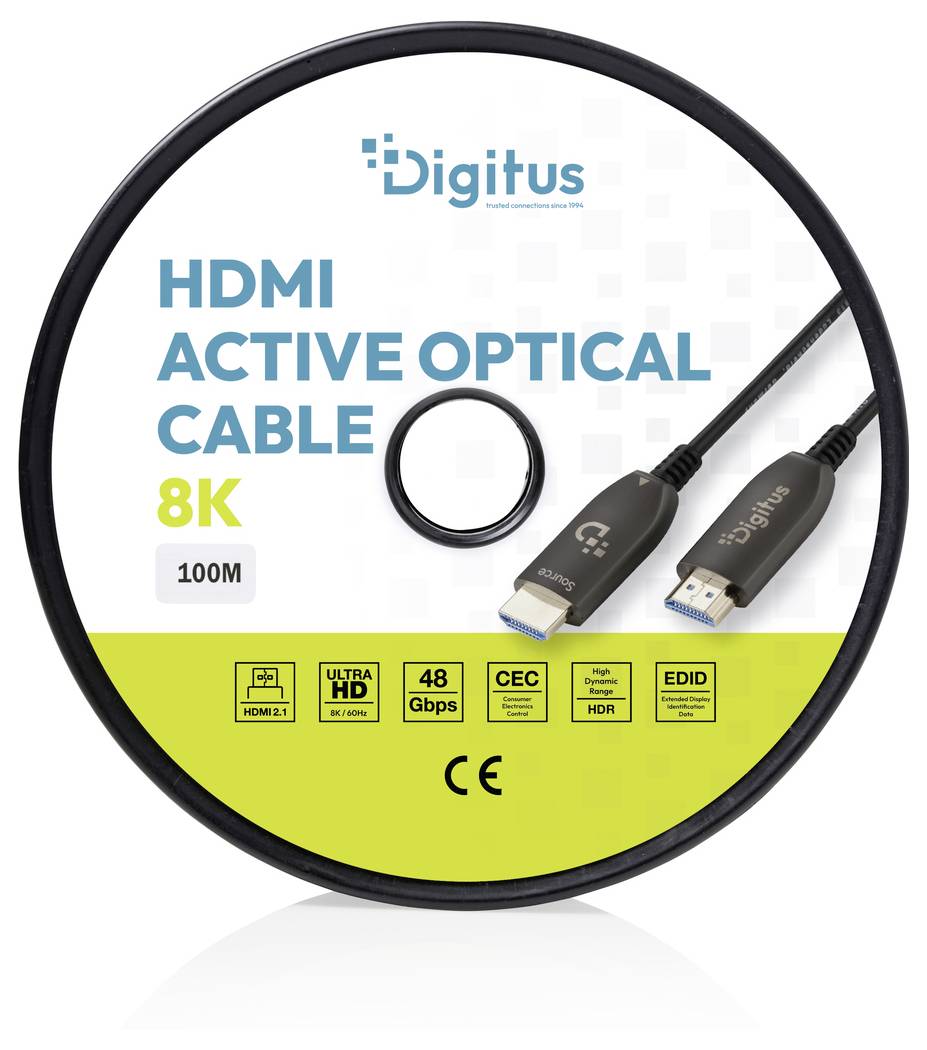 Digitus HDMI-Aktivoptikalkabelverpackung mit Angaben zu 8K, 100m, 48 Gbps, mit HDMI-Steckern und Funktionssymbolen.