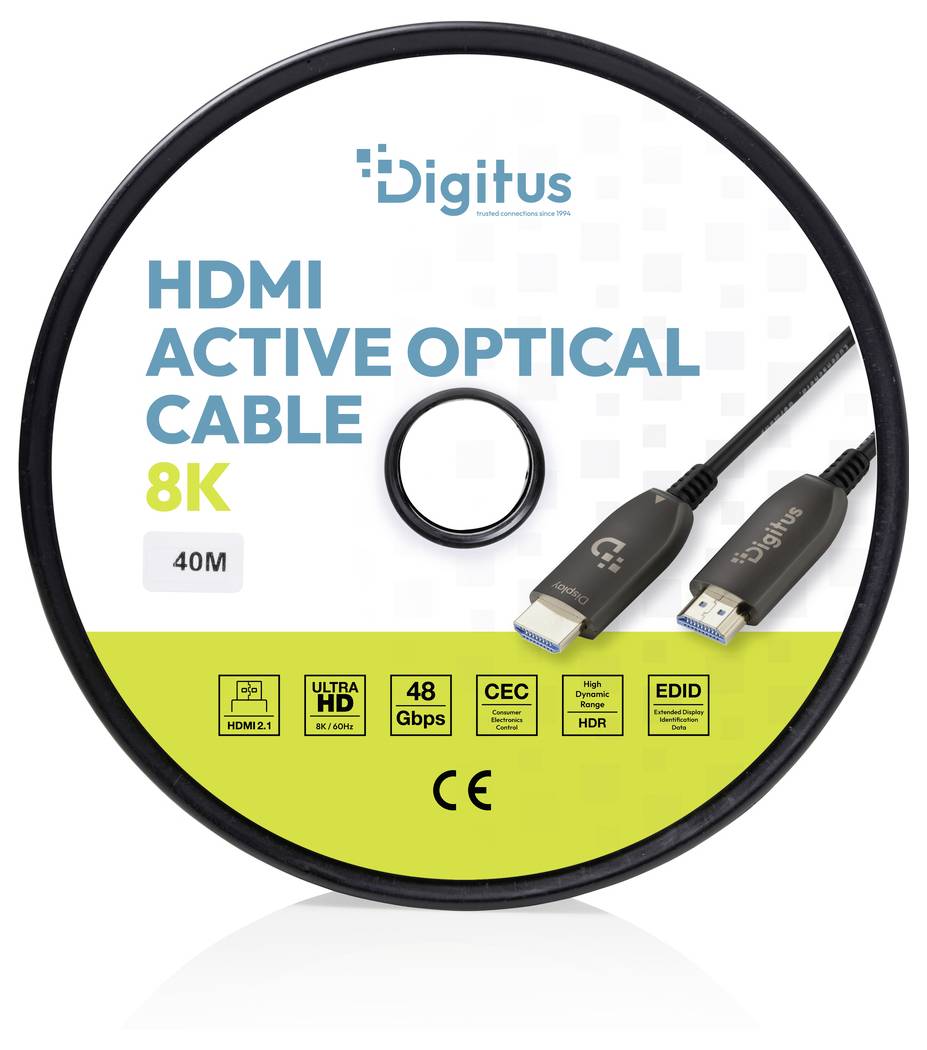 Produktverpackung für ein Digitus HDMI-Aktivoptikkabel, gekennzeichnet mit „HDMI ACTIVE OPTICAL CABLE 8K