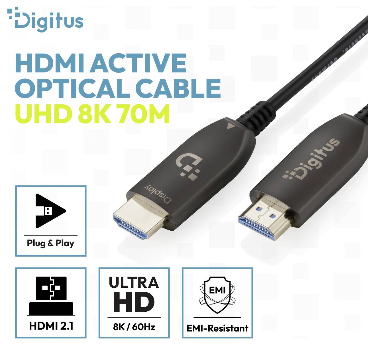 Digitus HDMI-Aktivoptikalkabel für UHD 8K 70m, zeigt beide Kabelenden und Funktionssymbole: Plug & Play, HDMI 2.1, Ultra HD 8K/60Hz, EMV-beständig.