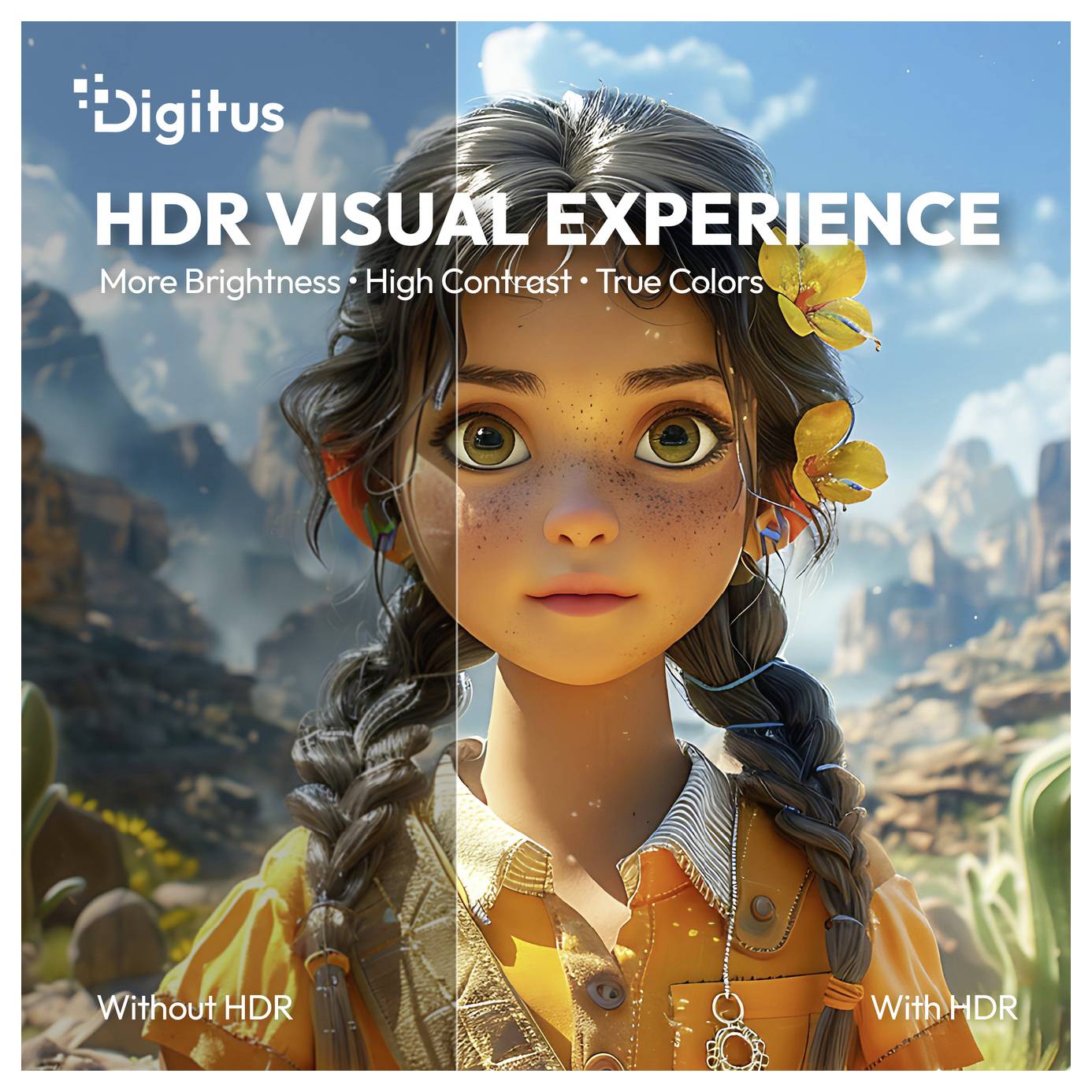 Split-Screen-Illustration eines Mädchens mit „Ohne HDR
