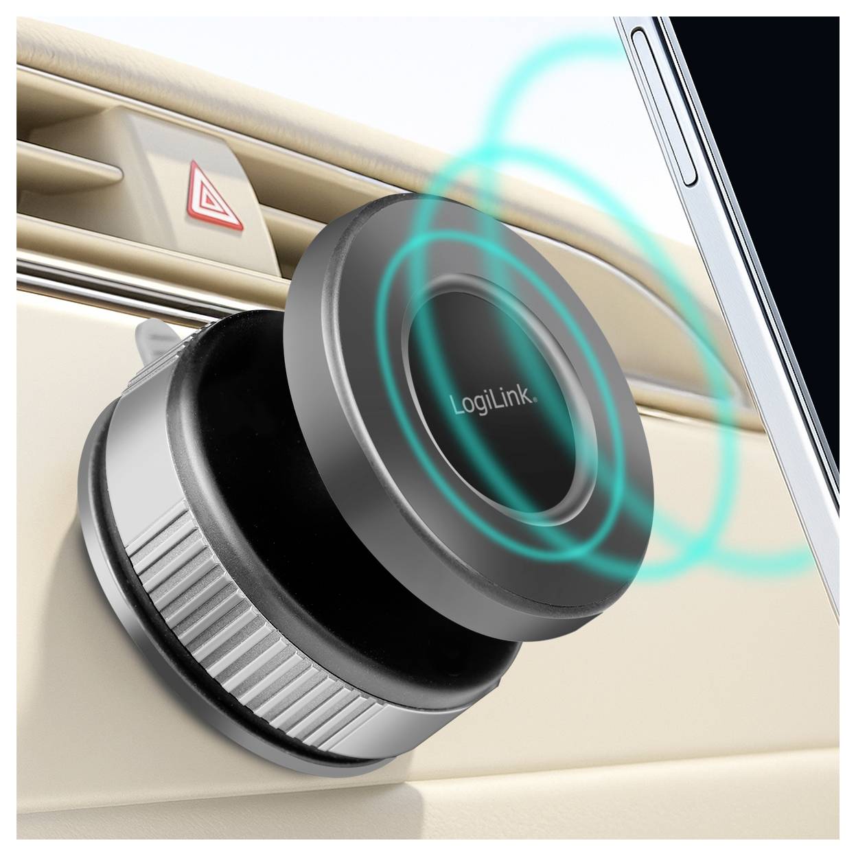 Nahaufnahme einer LogiLink-Magnettelefon-Halterung, die an einem Auto-Armaturenbrett befestigt ist und ein Smartphone mit kabellosen Ladering hält.