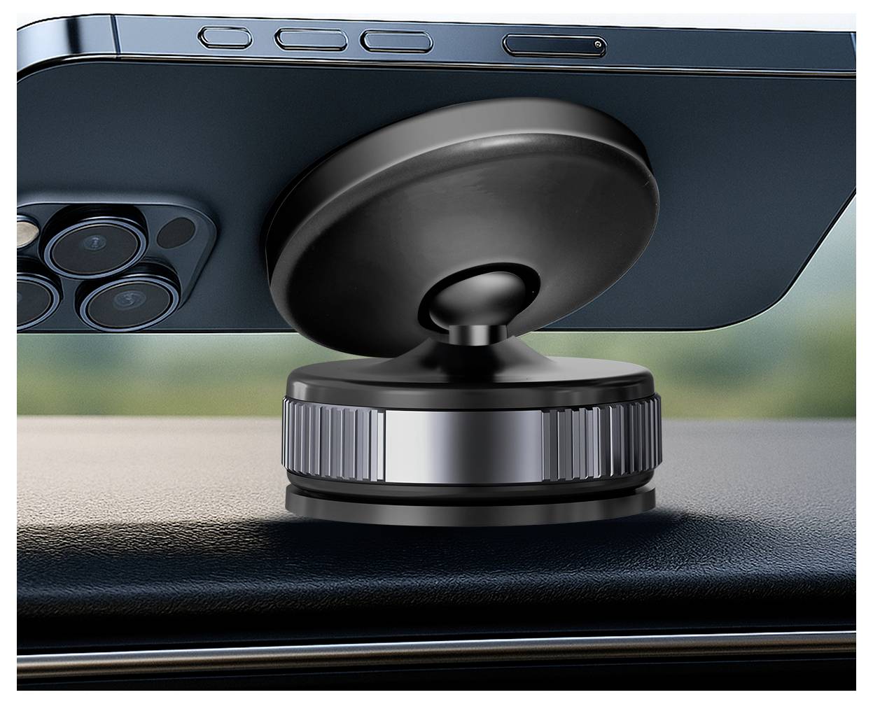 Smartphone, das auf einer magnetischen Armaturenbretthalterung montiert ist, zeigt die Rückseite des Telefons mit Kameraobjektiven.