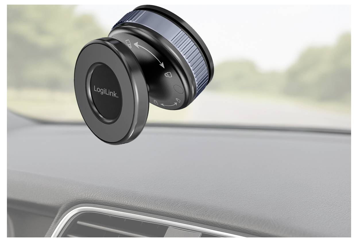LogiLink magnetische Handyhalterung für das Auto an dem Armaturenbrett befestigt, gezeigt in einem Autoinnenraum mit unscharfem Windschutzscheibenhintergrund.