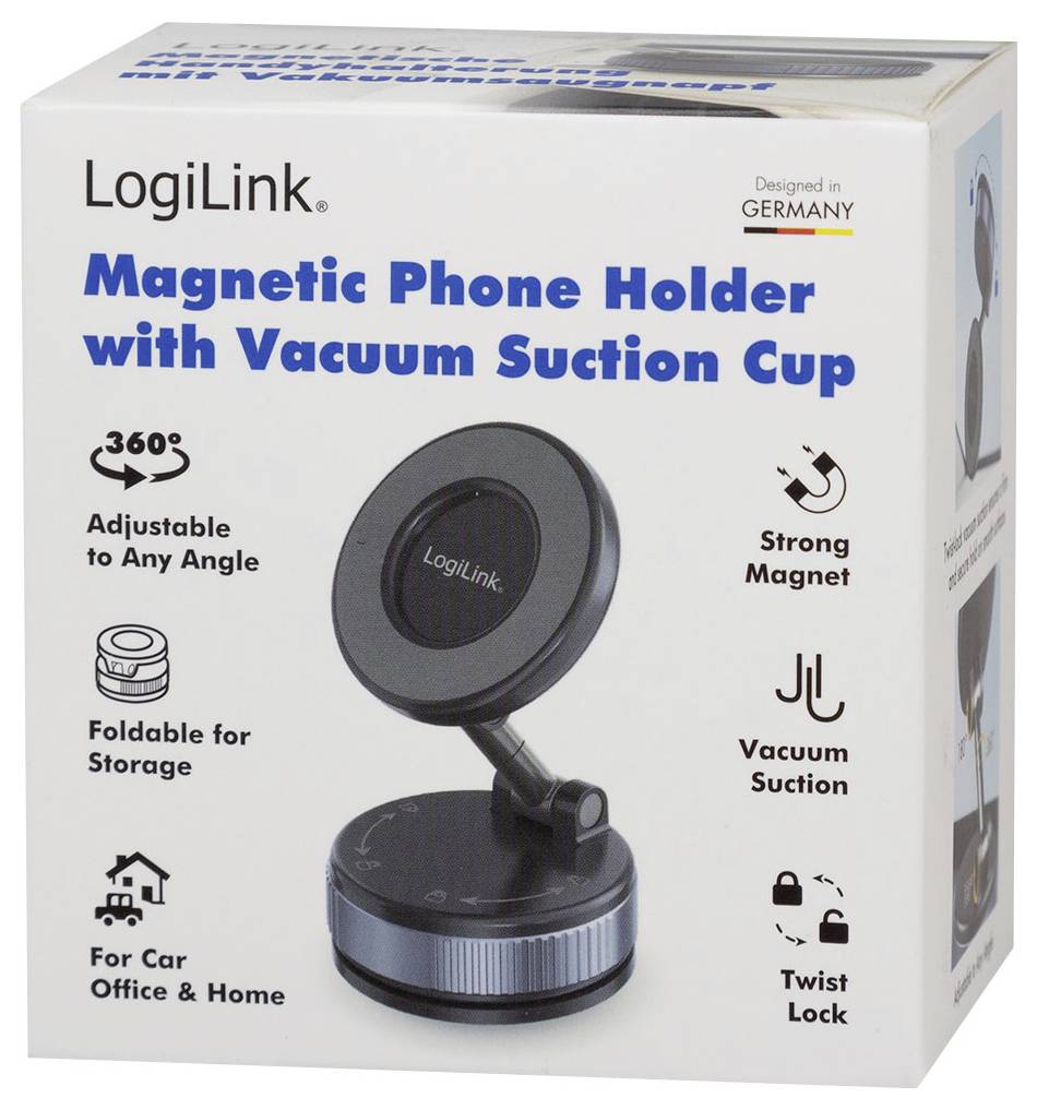 LogiLink Magnetischer Handyhalter mit Vakuum-Saugnapf, auf der Produktverpackung dargestellt mit 360° verstellbar, starkem Magnet, Drehverschluss, zusammenklappbar zur Aufbewahrung, für Auto, Büro und Zuhause.