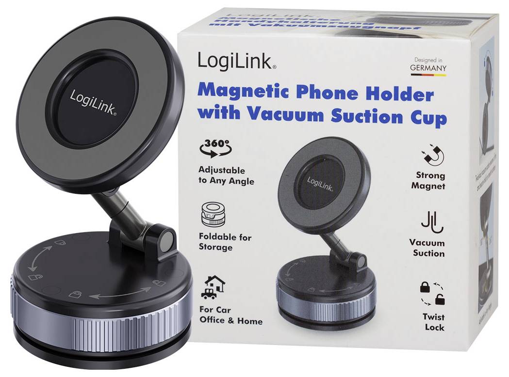 LogiLink Magnetischer Telefonhalter mit Vakuumsaugnapf, 360° verstellbar und faltbar für Auto, Büro oder Zuhause; Produktbox abgebildet.