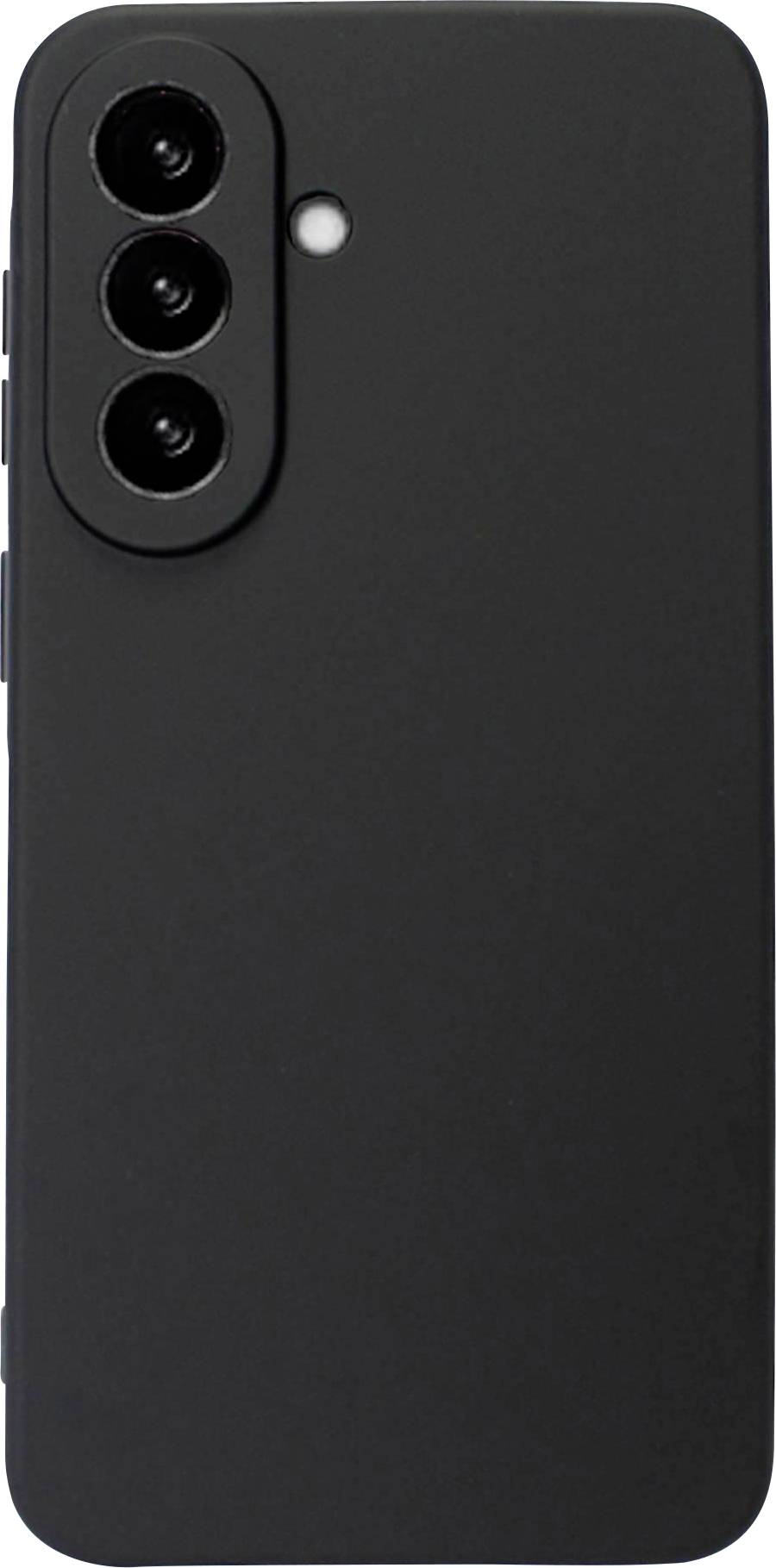 Rückseite eines schwarzen Smartphones mit drei rückwärtigen Kameras in einem vertikalen Modul und einem kleinen Blitz.